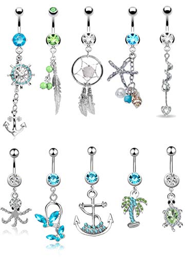 Besteel 10 Pcs Surgical Steel Dangle Belly Button Rings for Women Curved Navel Barbell Body Jewelry Piercing