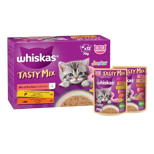 Whiskas Junior Tasty Mix Mix of the Sea Collection in Jelly Pack of 12x70g Wet Cat Food For Kittens Aged 2 to 12 Months