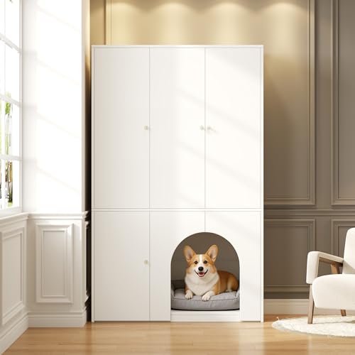 MAMAINI Armario de 3 puertas con múltiples espacios de almacenamiento, armario de almacenamiento con barra para ropa, zona para mascotas, armario alto, mueble apto para mascotas, 120 x 50 x 200 cm