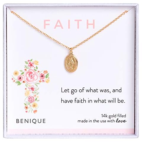 BENIQUE Oval Miraculous Medal Pendant Necklace, 14K Gold Filled Faith Virgin Mary Necklace, Guadalupe Religious Gifts For Women, Catholic Gifts 16"-18" Adjustable (Gold Filled/Oval Mary) Cover