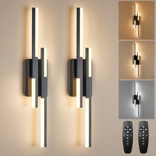 Image of Benkut Modern LED Vanity Lights Set of 2, Black Wall Sconce with Remote Control Dimmable Indoor Wall Light Bedside Remote Sconce for Bedroom Bathroom Living Dining Room (27.6inch 2 Pack)