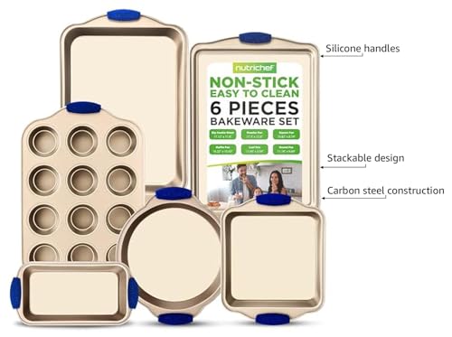 NutriChef-6-Piece-Nonstick-Bakeware-Set-Premium-Carbon-Steel-Baking-Trays-wHeat-Safe-Silicone-Handles-Includes-Loaf-Pan-MuffinCupcake-Pan-Round-Square-Roaster-Pans-Cookie-Sheet-NCSBSG36 NutriChef 6 Piece Nonstick Bakeware Set Premium Carbon Steel Baking Trays wHeat Safe Silicone Handles Includes Loaf Pan MuffinCupcake Pan Round Square Roaster Pans Cookie Sheet NCSBSG36
