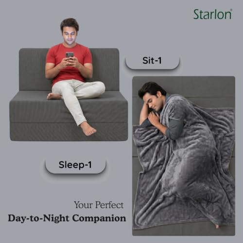 Image of Starlon 1 Seater Foldable Sofa Cum Bed 3-in-1 with 1 Floral Pattern Pillow, Washable Jute Fabric Cover, Space Saving Guest Bed, Pre-Assembled Ash Gray 2.5x6 Ft