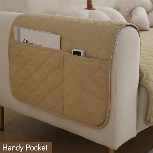 Image of HOKIPO Waterproof + Anti-Slip + Quick Dry Sofa Seat Mat for 1 Seater Sofa with 2 Armrest Covers with Pockets, Beige (AR-5272-80-BGE)