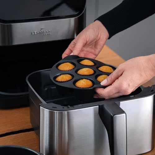 LEHMANN 8 Pièces Accessoires Air Fryer - Compatibles avec Tiroirs Ø17cm - 2x Grille, 3x Brochettes Métal, Moule Silicone, 2x Moule Antiadhésif - Air Fryer Accessoires Universel – vue 7