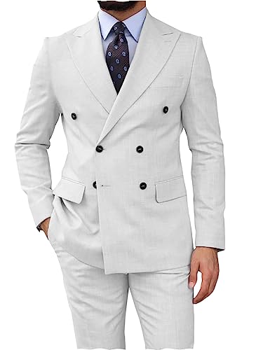 Summer Casual Men's Suits Regular Fit 2 Piece Party Tuxedos Linen Double Breasted Blazer Pants for Beach Wedding3