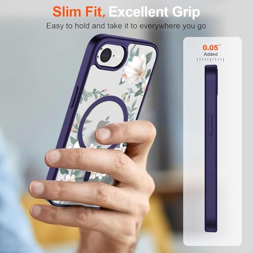 Image of VONZEE Compatible with iPhone 17e / iPhone 16e /SE4, Luxury Retro Flowers Floral Clear for Magnetic Wireless Charging Case Shockproof PC+TPU Cute Glossy Shiny Cover for Girls Women, Deep Purple