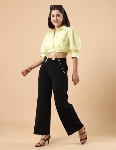 Image of FYLTR Women's Classic Wide Leg Trousers with Side Button-up Design | Mid-Rise | Trouser Pants for Women