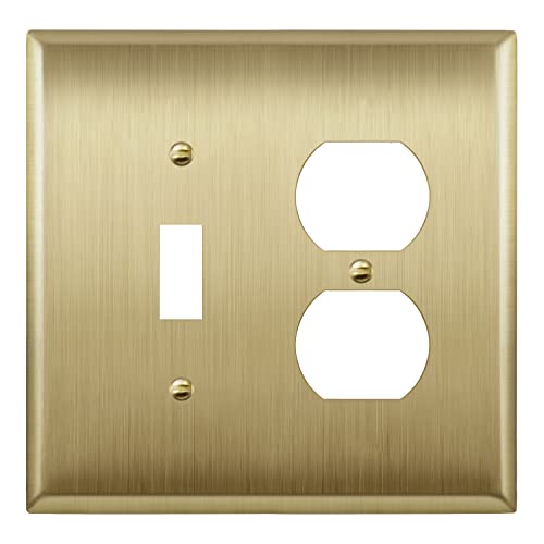 Image of ENERLITES Combination Toggle Switch and Duplex Receptacle Metal Wall Plate, Stainless Steel 201 Outlet Cover, Corrosion-Resistant, Mid-Size 2-Gang 4.88 inch x 4.92 inch, 771121M-BB, Brushed Brass