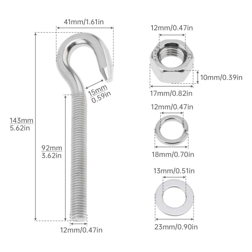 Image of 2Pcs M12 Stainless Steel Eye Bolt with Nut and Washers Long Shank Threaded Rod Round Hook Eyelet Bolt Screw (Hook Head)