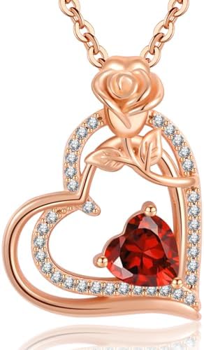 Collier Femme Argent 925 Collier or Rose Coeur Fleur Pierre de Naissance Pendentif Bijoux Femme Idee Cadeau Anniversaire Fete des Meres Noel Saint Valentin Cadeau Maman Fille Amie