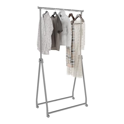 Whitmor Foldable Garment Rack - Rolling Clothes Rack - Adjustable Height Garment Rack, Heavy Duty Foldable Clothes Rack with Adjustable Hanging Rod for Home Office- Dark Grey