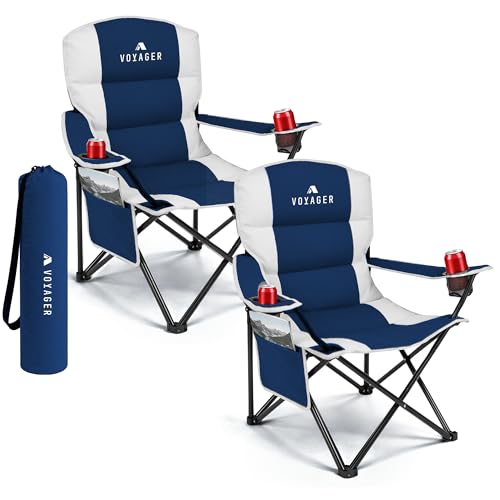 Voyager 2 Pack Premium Outdoor Camping Chair Set, 120kg Capacity, 3.3kg Per Chair, Waterproof & Foldable with Cup Holder & Side Pockets - Ideal for Garden, Fishing, Picnic, Camping & Travel Comfort