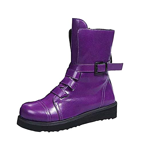 Fashion Womens Leather Round Toe Low-Heeled Boots, Individuality Vintage Solid Color Slip-On Cowboy Boots, Casual Simplicity Platform Middle Tube Knight Boots, Winter Snow Boots, Motorcycle Boots