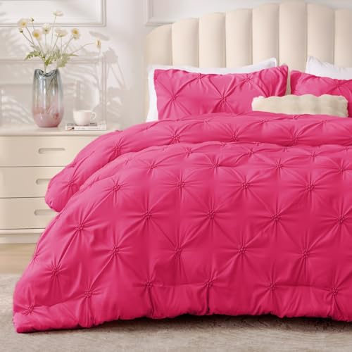 BEDELITE Hot Pink Queen Comforter Set - 3 Pieces Boho Pintuck Bedding Comforter Sets Lightweight Soft & Warm Bed Comforter Queen with 2 Pillowcases for All Season