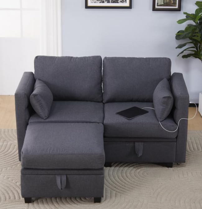 nozama Modern Couches, 3 Seater L-Shaped Loveseat Sofa with Charging Station for Small Spaces, Storage Space, Removable Soft Cushion, Furniture for Bedroom, Living Room, Apartment,Dark Grey