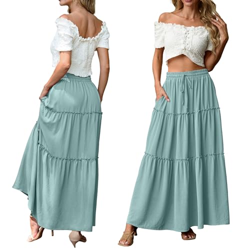 Image of Lepunuo Womens Casual Boho High Waisted Flowy Maxi Skirts Tiered Floral Long Skirts with Pockets for Summer Beach Vacation
