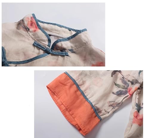 PRINCESS BRIDE Overseas Chinese Linen Hanfu Summer Loose 3/4 Sleeves Shirt Slanted Collar Button-Down Printed Top for Women2