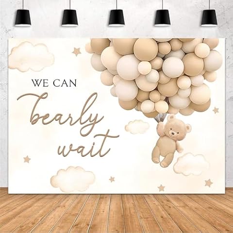 MEHOFOND 7x5ft Bear Baby Shower Backdrop We Can Bearly Wait Baby Shower Party Decorations for Boy Hot Airs Balloons Watercolors Clouds Stars Photography Background Newborn Photo Booth Props (Brown) Cover