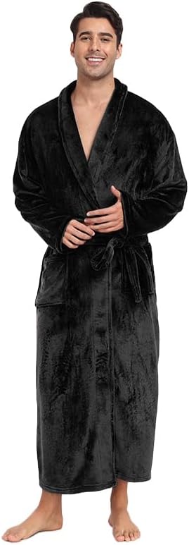 Mens Fleece Robe Soft Plush Collar Shawl Bathrobe Lightweight Long Bath Shower with Belt & 2 Pockets