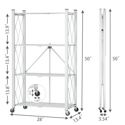 Image of 4-Tier Folding Shelf with Wheels No Assembly Portable Shelves | Folding Shelf Loads 600 LBS,Metal Steel Collapsible Shelves, Rolling Standing Utility Rack for Kitchen, Pantry, Office, White