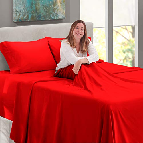 Image of Nestl King Bed Sheet Set - Red - 4-Piece Extra Deep Pocket | Instantly Soft, Night-One Ready (No Wash Required). Fits Extra Deep Pockets up to 24 Inches, 360-Degree Elastic Grip