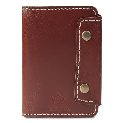 Image of Handmade Raw Leather Wallet for Men and Women | Snap Button Closure | Bifold with Card Slots and Cash Pocket | Slim Genuine Cognac Crunch Leather | Travel Office Carry | Reddish Brown