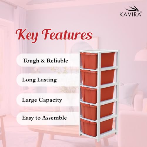 Image of Kavira Plastic Drawer Storage Tower - Space Organizer|Red,5 Layer