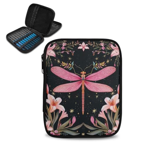 Qehuruxo Dragonfly Lily Crochet Hook Organizer Double Layer Design with Zipper Closure and Mesh Pockets, Polyester Material for Easy Storage and Portability