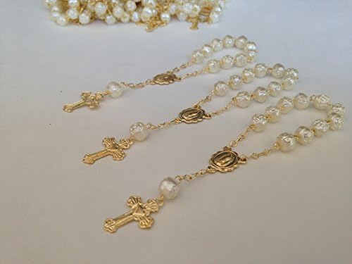 San Joaquin Creations25 Pc Ivory Color Baptism Favors Gold Plated Accents Mini Rosaries Gold Plated Acrylic Beads/Recuerditos De Bautismo/Christening Favors/Decenarios/Decades/Finger Rosaries