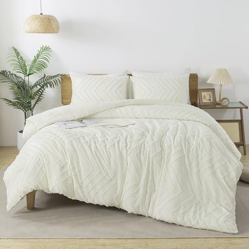 Image of Andency Ivory Oversized Super King Comforter Set, Boho Soft Warm Tufted Neutral Bedding Comforter Sets, 3 Pieces Aesthetic Chevron Farmhouse Cute Bohemian Textured Bedding Set