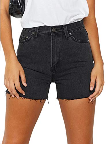 just quella Women Black Stretch Denim Shorts Distressed Hemline A-line Denim Shorts (M, Black Denim Washed)