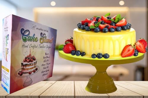 Image of Yellow Metal Cake Stand Pedestal | Round Non-Revolving 9 inch Diameter by 5 inch Height Dessert Display | Sturdy Cake Holder for Birthday, Wedding, Anniversary & Party Decor