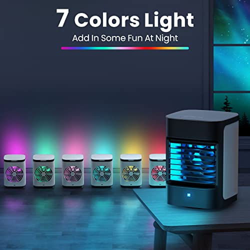 Image of Portable Air Conditioners, 3-IN-1 Mini Evaporative Air Cooler | Top-fill Tank, 3 Speeds&3 Modes, 7H Cooling, 90 Oscillation, 7 Color Lights, Type-C Powered, Whisper-Quiet for Bedroom, Desk