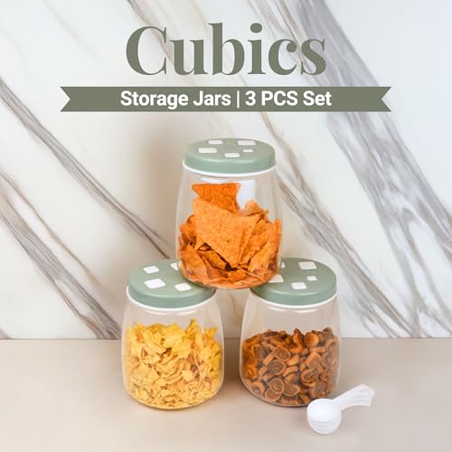 Image of FLAIR Cubics Airtight Food Storage Containers Set of 3 (1500ml each) with Spoons - Green, BPA-Free, PET Plastic Jars, Durable, Space-Saving for Pantry, Snacks, Spices, Grains & More