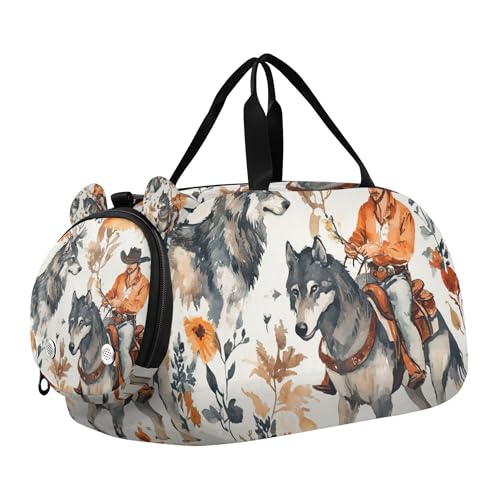Glaphy Western Cowboys Wolf Duffle Bag for Toddler Boys Girls, Gym Sports Bag with Shoe Compartments, Kids Travel Overnight Weekender Shoulder Bag