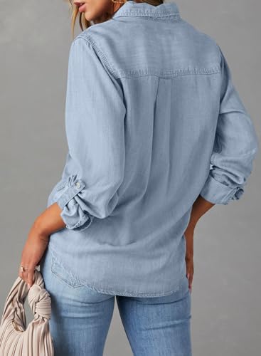 Astylish Women Button Down Denim Shirts Casual Long Sleeve V Neck Chambray Blouse Top2
