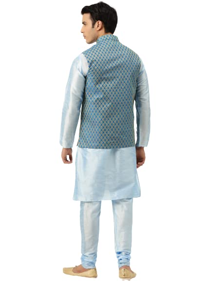 Sojanya (Since 1958 Men's Silk Blend Skyblue Kurta Pyjama & Peacockblue Self Design Nehru Jacket Combo