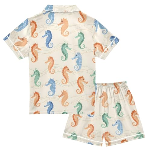 ALAZA Funny Color Seahorse Satin Pajamas Set Short Sleeve Button Down Sleepwear Summer Pjs 2 Piece2