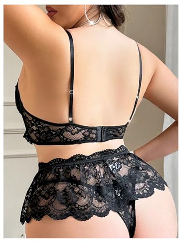 Verdusa Women's Plus Size 4 Piece Lingerie Set Floral Lace Sheer Bralettes and Thong with Garter Belt2