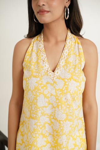 Image of GOODHAND Chic Cotton Halter Kurti with Timeless Block printsPerfect for Casual outings or Festive Flair-Where Traditional Charm Meets Modern Silhouette