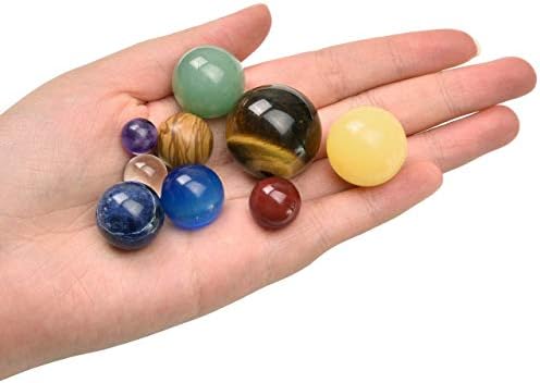 Jovivi Personalized Custom Solar System 9 Planets Crystal Sphere Ball Collective Figurines Handmade Natural Gemstone on Wooden Stand Display Home Desk Decorations