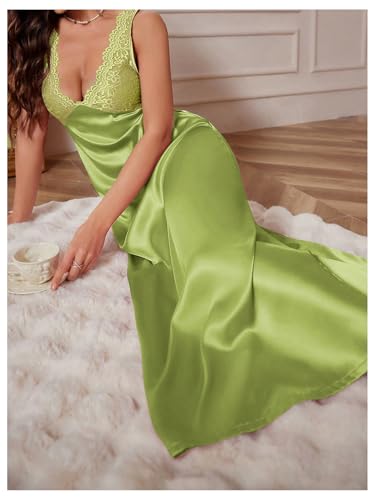 Image of WDIRARA Women's Satin Sleepwear Nightgown | Lace, Backless, Deep V Neck, Sleeveless, Long
