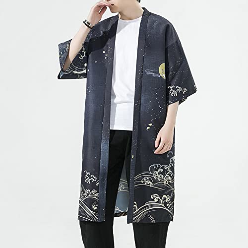 Image of HAORUN Men Japanese Kimono Coat Loose Yukata Outwear Long Bathrobe Tops Vintage