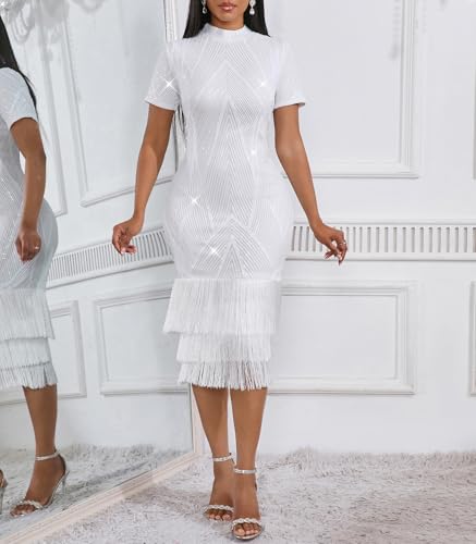 Image of Cololura Sexy Elegant Women Sequin Long Sleeve Tassel Bodycon Midi Dress Party Evening Gown Formal Dress
