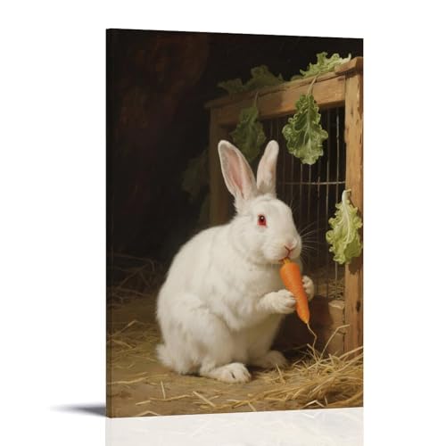 ZBBZJYHH Poster decorativo da appendere alla parete con un coniglio domestico accovacciato accanto alla gabbia che mangia una carota, orecchie cadenti, decorazione artistica moderna da appendere, 40 x