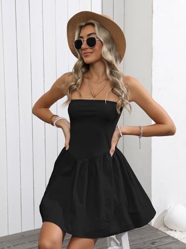 Image of Tube Top Mini Dress for Women Cotton Strapless Short Dress Casual Sexy Summer Vacation Beachy Flowy Sundress