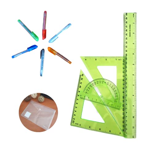 Juego de reglas escolar 4 piezas que incluye sobre botón y 6 mini bolis purpurina. Reglas escolares: 1 regla de 30cm, 1 escuadra de 13Cm, 1 cartabón de 18 Cm, y 1 transportador de ángulos Cover