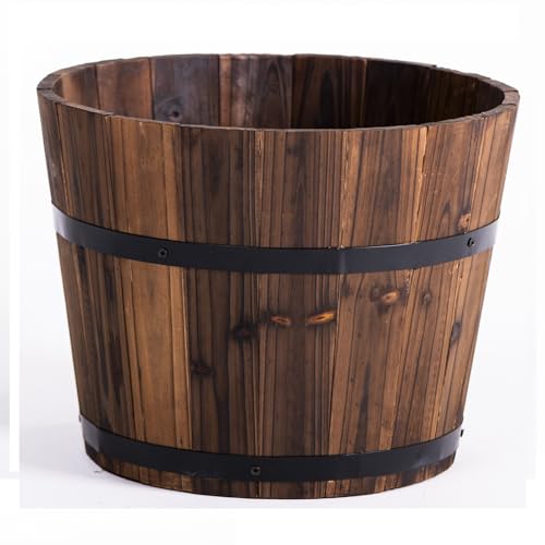 Garden Gear Rustic Wooden Barrel Planter Burnt Fir Wood Oak Style Design Metal Bands Handles Outdoor Garden Pot (Small D30xH23cm)