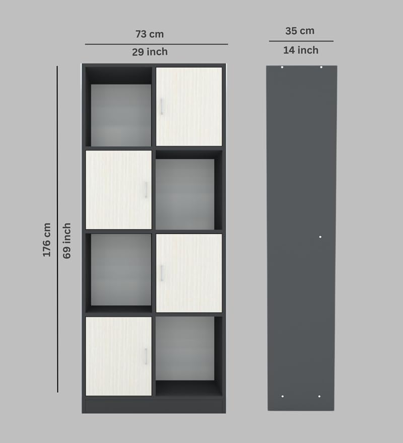 Image of SPECIALITY PANELS 8 Cube Bookcase with 4 Shutters, Black and Beige, 73x35x176 cm, Modern Storage Organizer Shelf